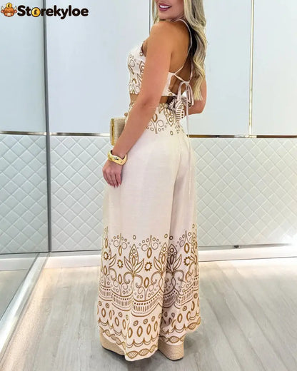 2 Pieces Outfits Tribal Print Keyhole Neck Sleeveless Top and Wide Leg Tied Detail Slit Pants Sets