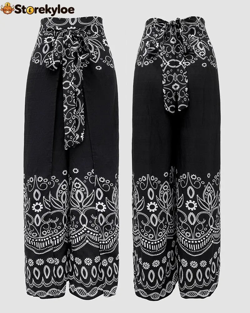 2 Pieces Outfits Tribal Print Keyhole Neck Sleeveless Top and Wide Leg Tied Detail Slit Pants Sets