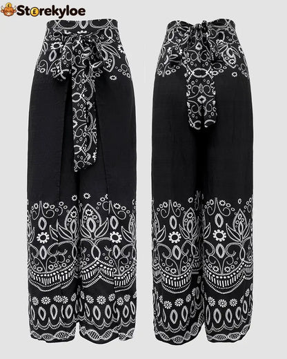 2 Pieces Outfits Tribal Print Keyhole Neck Sleeveless Top and Wide Leg Tied Detail Slit Pants Sets