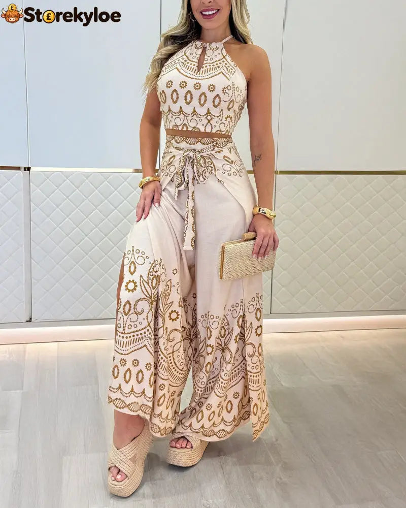 2 Pieces Outfits Tribal Print Keyhole Neck Sleeveless Top and Wide Leg Tied Detail Slit Pants Sets