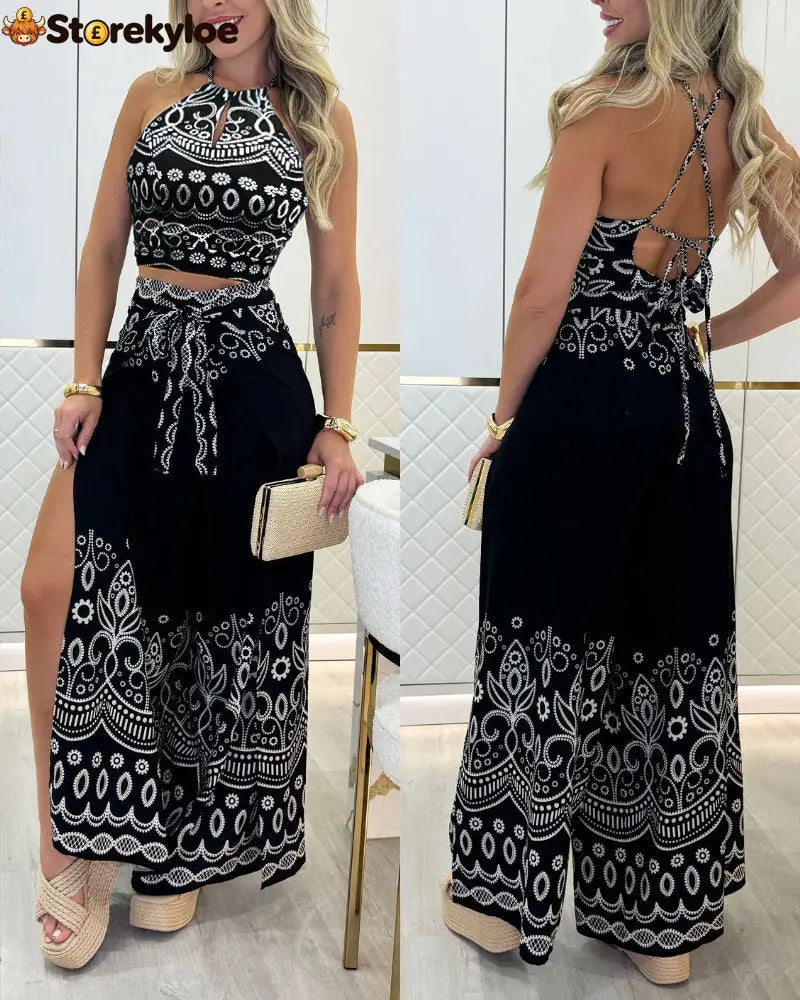 2 Pieces Outfits Tribal Print Keyhole Neck Sleeveless Top and Wide Leg Tied Detail Slit Pants Sets - Black / S