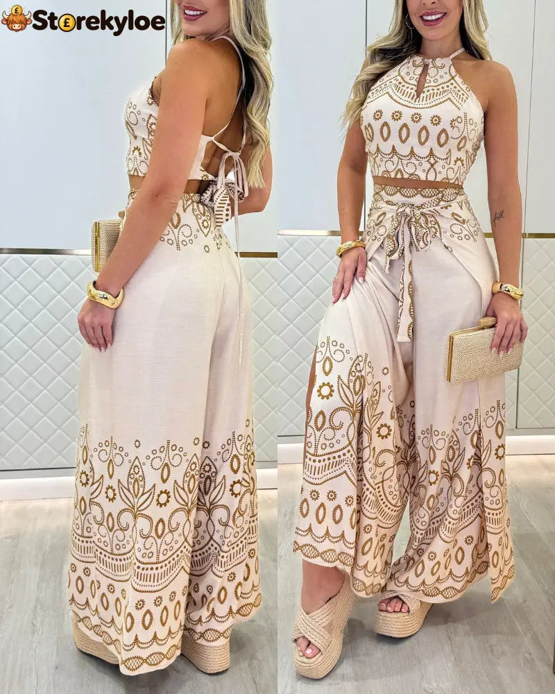 2 Pieces Outfits Tribal Print Keyhole Neck Sleeveless Top and Wide Leg Tied Detail Slit Pants Sets - khaki / S