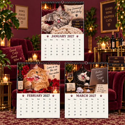 Tipsy Cats 2027 Wall Calendar - Funny Drunken Wine‑Loving Cat Monthly Wall‑Hanging Calendar, Humorous Cat Art, Sunday‑Start Spiral Calendar, Fun Gift for Cat & Wine Lovers