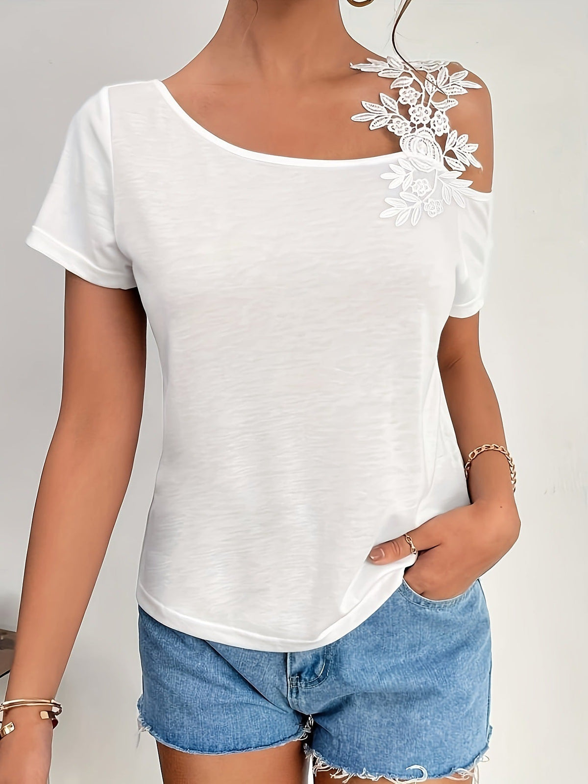 solid color stitching fashion lace T-shirt women's tops