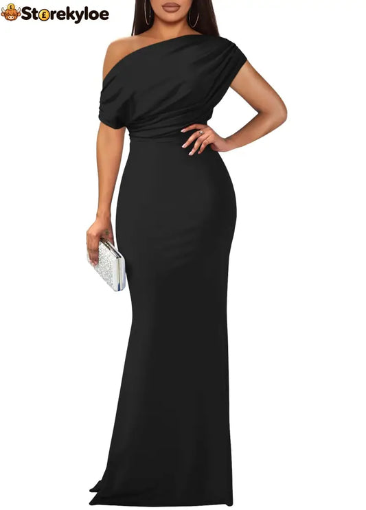2025 Women’s Elegant Sleeveless Off Shoulder Bodycon Long Formal Party Evening Dress - Black / S / Sleeveless