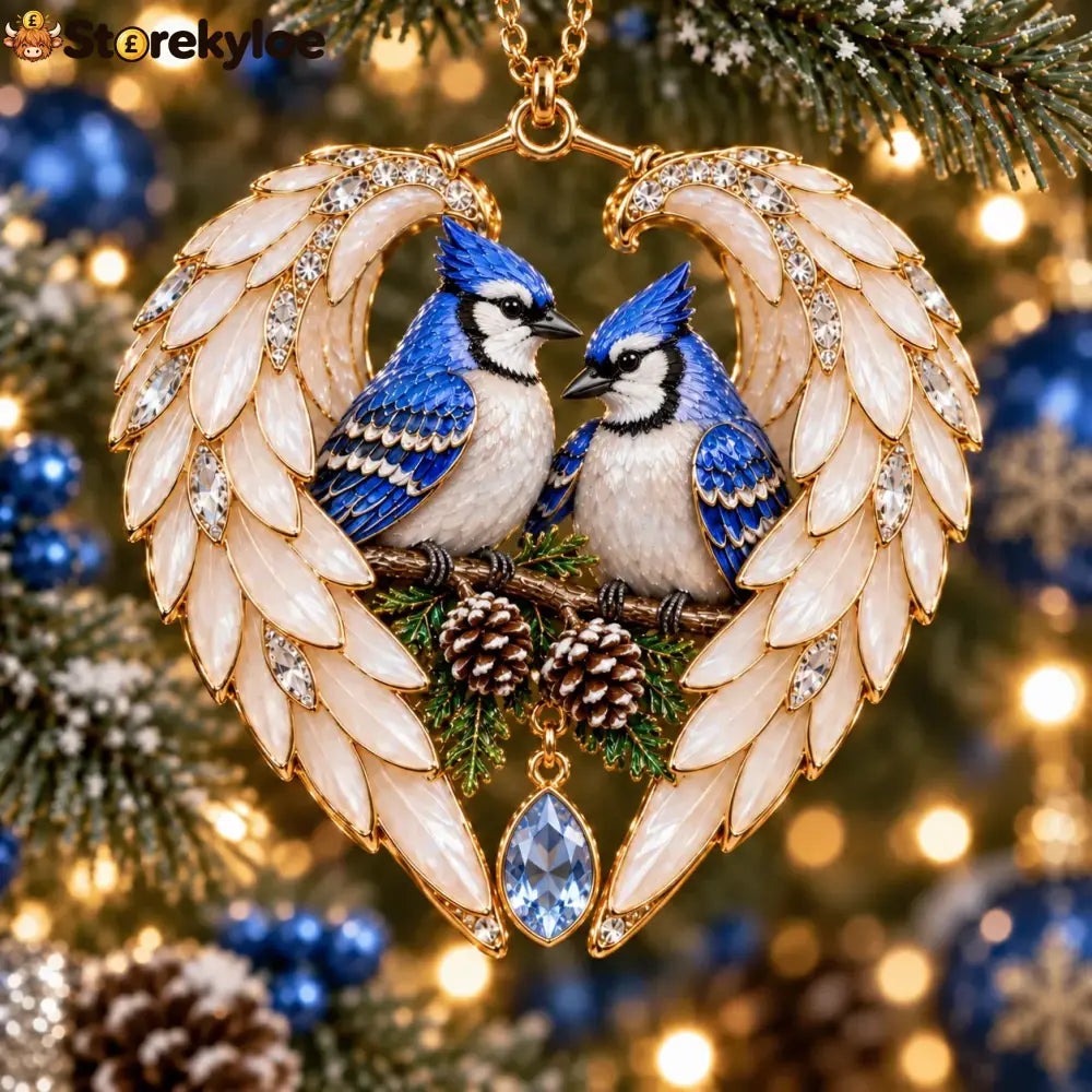 ❤️2026 Angel Wing Heart Christmas Ornaments - Bluebird Pair & Flowers 💙