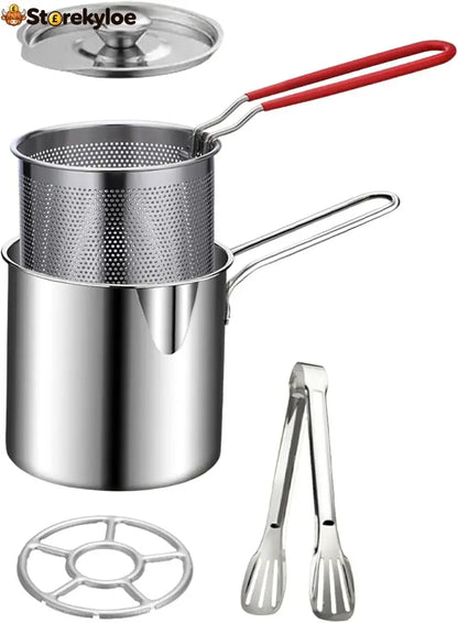 2026🔥🍟 Personal Mini Deep Fryer Set – Stainless Steel Pot with Lift-Out Draining Basket & Food Tongs - 5pcs