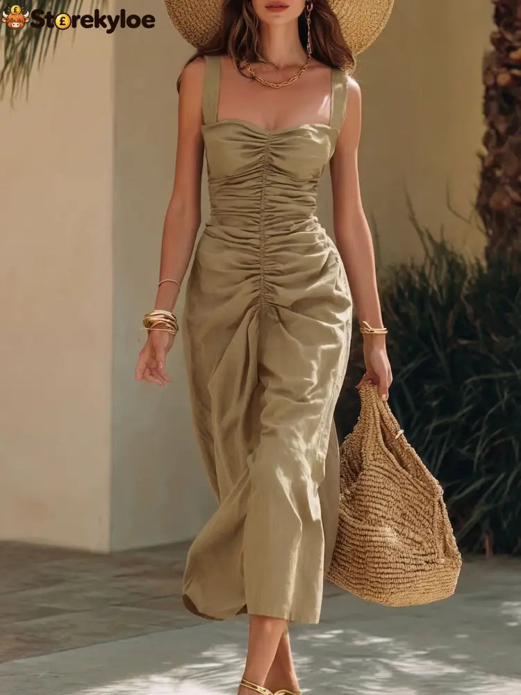 🔥 2026 Summer Must-Have | Ruched Sweetheart Midi Dress - Dark khaki / S