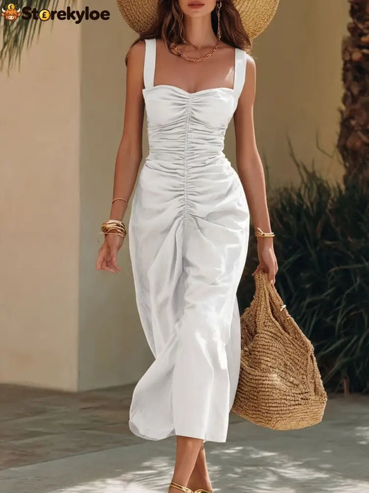 🔥 2026 Summer Must-Have | Ruched Sweetheart Midi Dress - White / S