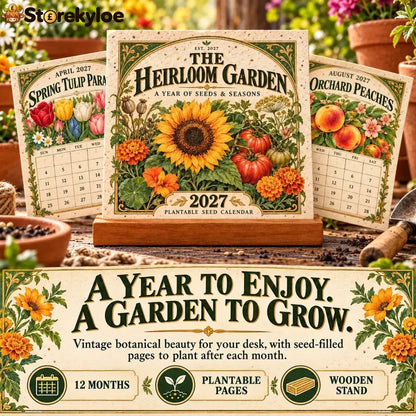 🌱 2027 Heirloom Garden Plantable Seed Calendar | 12 Plantable Months with Vintage Botanical Art & Wooden Stand 🌼 - 1