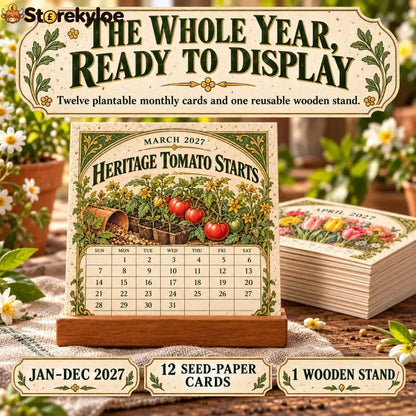 🌱 2027 Heirloom Garden Plantable Seed Calendar | 12 Plantable Months with Vintage Botanical Art & Wooden Stand 🌼 - 1