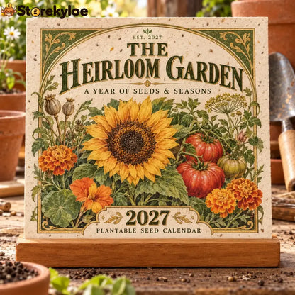 🌱 2027 Heirloom Garden Plantable Seed Calendar | 12 Plantable Months with Vintage Botanical Art & Wooden Stand 🌼 - 1