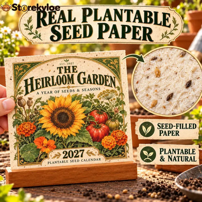 🌱 2027 Heirloom Garden Plantable Seed Calendar | 12 Plantable Months with Vintage Botanical Art & Wooden Stand 🌼 - 1