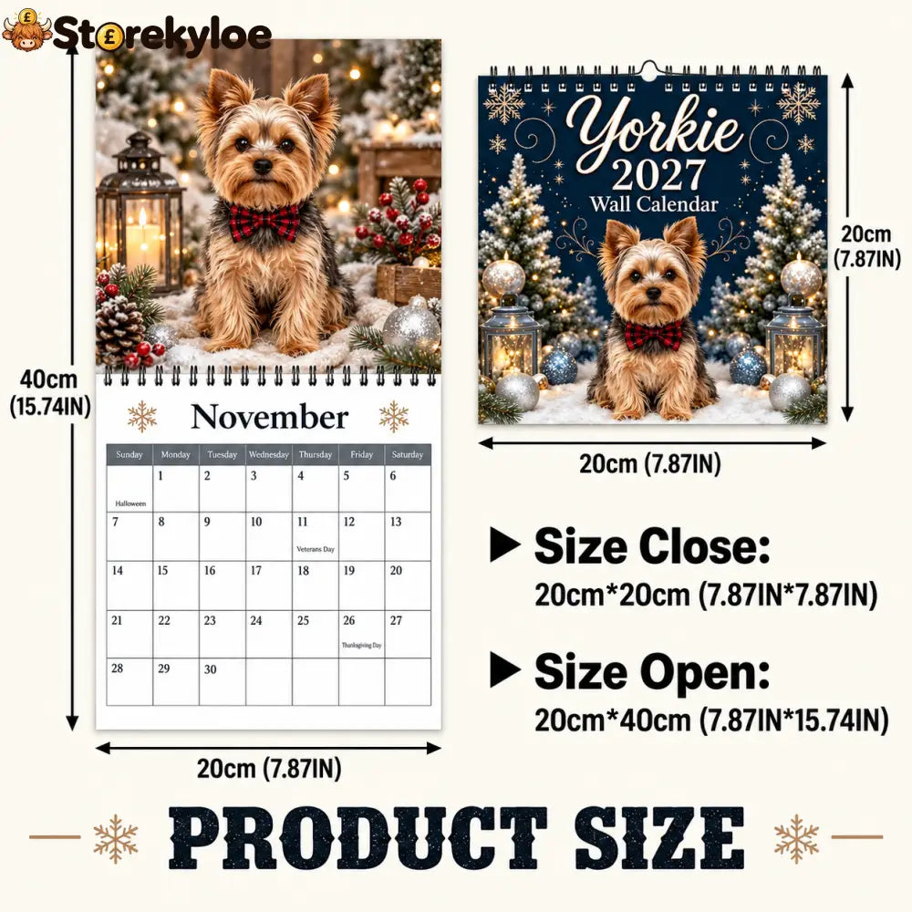 2027 Yorkie Wall Calendar Cozy Christmas Winter Yorkshire Terrier Monthly Wall Calendar 12 Months Cute Dog Portrait