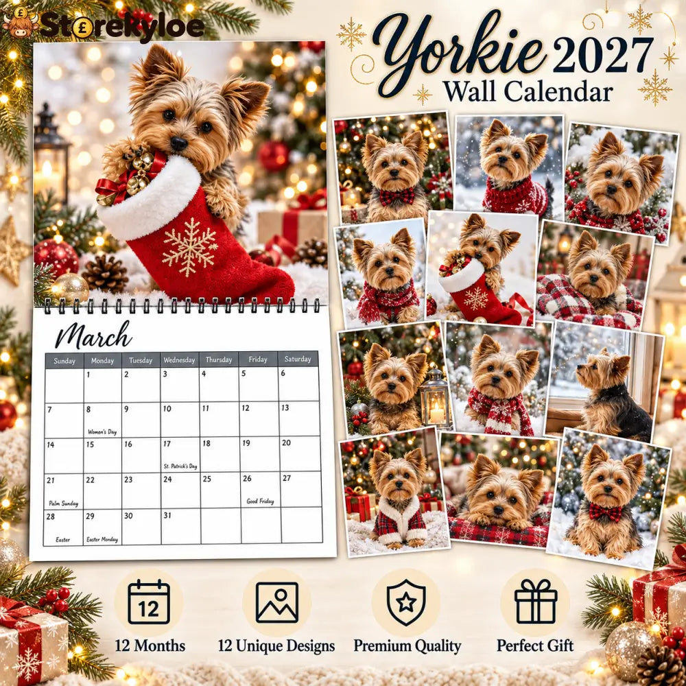2027 Yorkie Wall Calendar Cozy Christmas Winter Yorkshire Terrier Monthly Wall Calendar 12 Months Cute Dog Portrait