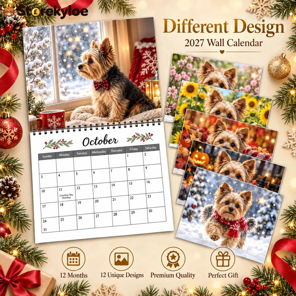 2027 Yorkie Wall Calendar Cozy Christmas Winter Yorkshire Terrier Monthly Wall Calendar 12 Months Cute Dog Portrait