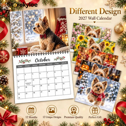 2027 Yorkie Wall Calendar Cozy Christmas Winter Yorkshire Terrier Monthly Wall Calendar 12 Months Cute Dog Portrait