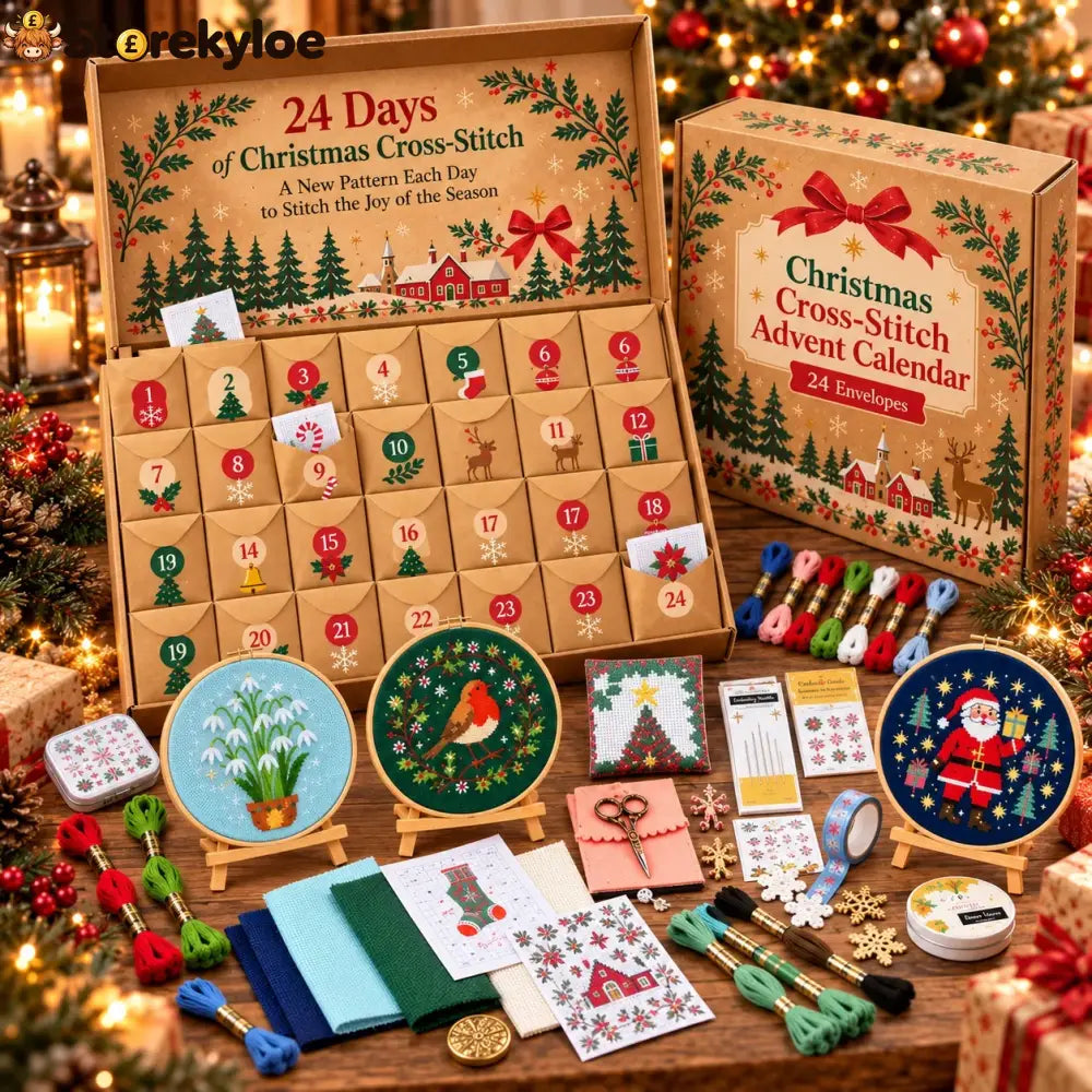 🎄🧵 24-Day Christmas Cross-Stitch Advent Calendar – 24 Surprise Patterns in Numbered Kraft Envelopes | DIY Embroidery