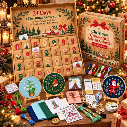 🎄🧵 24-Day Christmas Cross-Stitch Advent Calendar – 24 Surprise Patterns in Numbered Kraft Envelopes | DIY Embroidery
