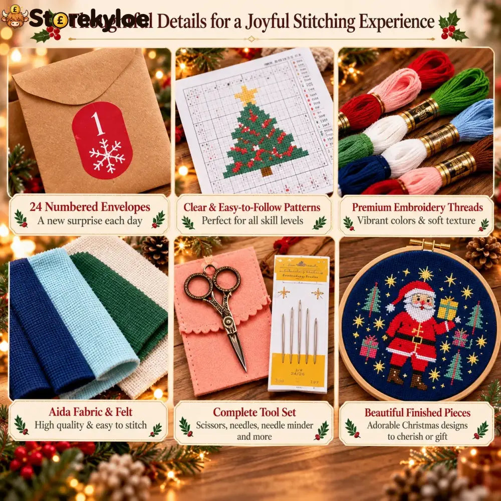 🎄🧵 24-Day Christmas Cross-Stitch Advent Calendar – 24 Surprise Patterns in Numbered Kraft Envelopes | DIY Embroidery