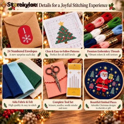 🎄🧵 24-Day Christmas Cross-Stitch Advent Calendar – 24 Surprise Patterns in Numbered Kraft Envelopes | DIY Embroidery