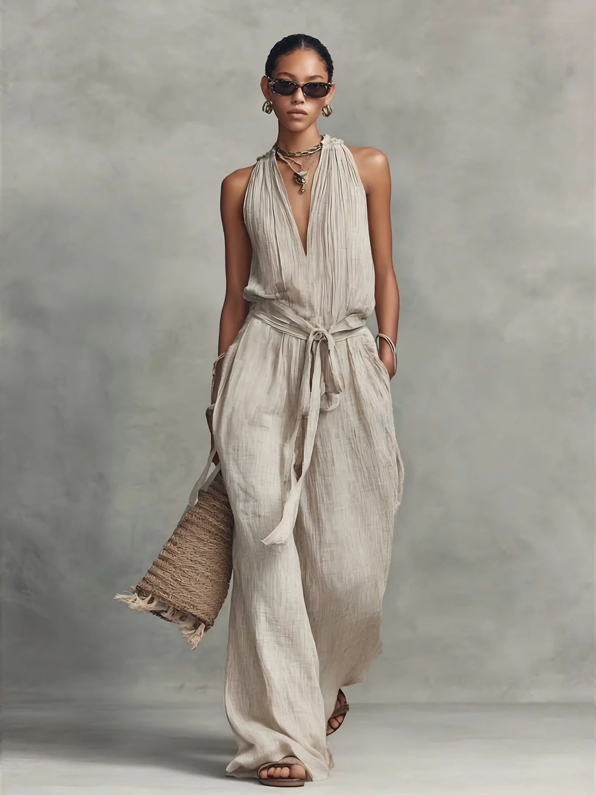 Casual Lace-Up Sleeveless Cotton Blend Jumpsuit