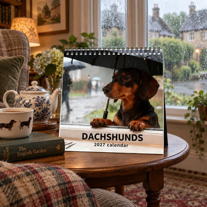 Dachshunds 2027 Wall Calendar – Rainy‑Day Sausage Dog Calendar, Cosy Melancholic British Countryside Dachshund Art for Dog Lovers