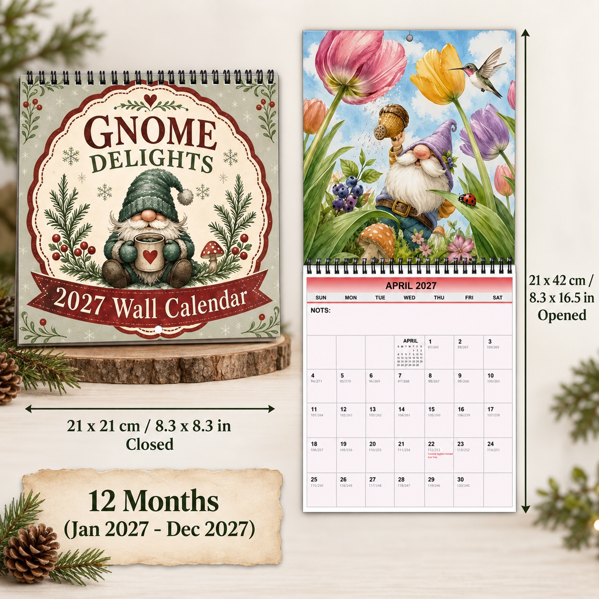 Gnome Delights 2027 Wall Calendar – 12-Month Forest Gnome Calendar, Woodland Magic Hanging Wall Planner for Gnome Lovers & Nature Enthusiasts