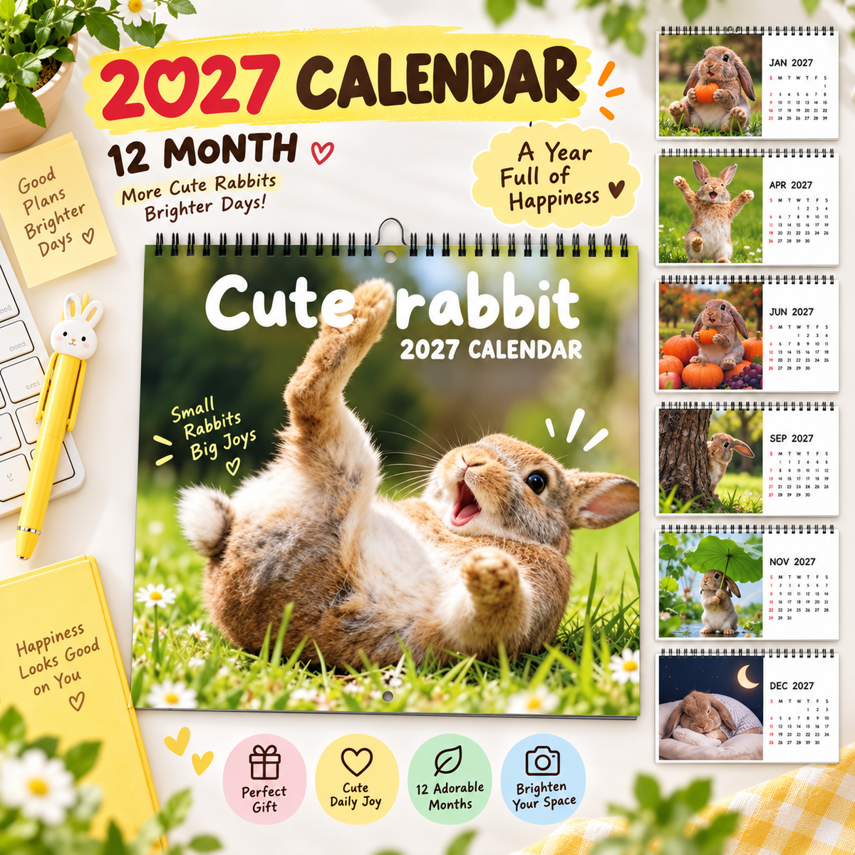 Cute Rabbits 2027 Wall Calendar – 12-Month Funny Bunny Calendar, Adorable Fluffy Rabbit Scenes Hanging Planner for Bunny Lovers & Family Gift