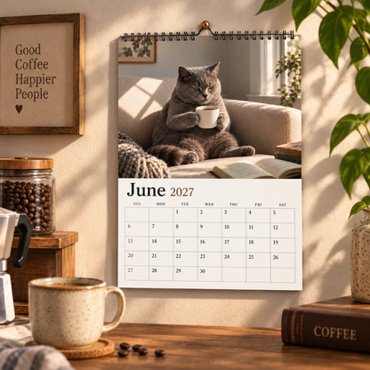 Cat & Coffee 2027 Wall Calendar – Cosy Cute Cat Drinking Coffee Art Calendar, Perfect Gift for Cat & Coffee Lovers