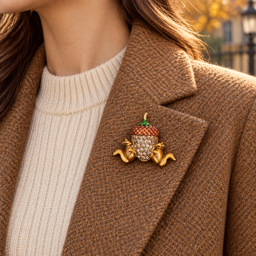 🐿️Cute Twin Squirrels & Rhinestone Acorn Brooch | Fall Season Lapel Pin