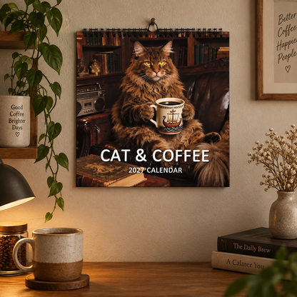 Cat & Coffee 2027 Wall Calendar – Cosy Cute Cat Drinking Coffee Art Calendar, Perfect Gift for Cat & Coffee Lovers