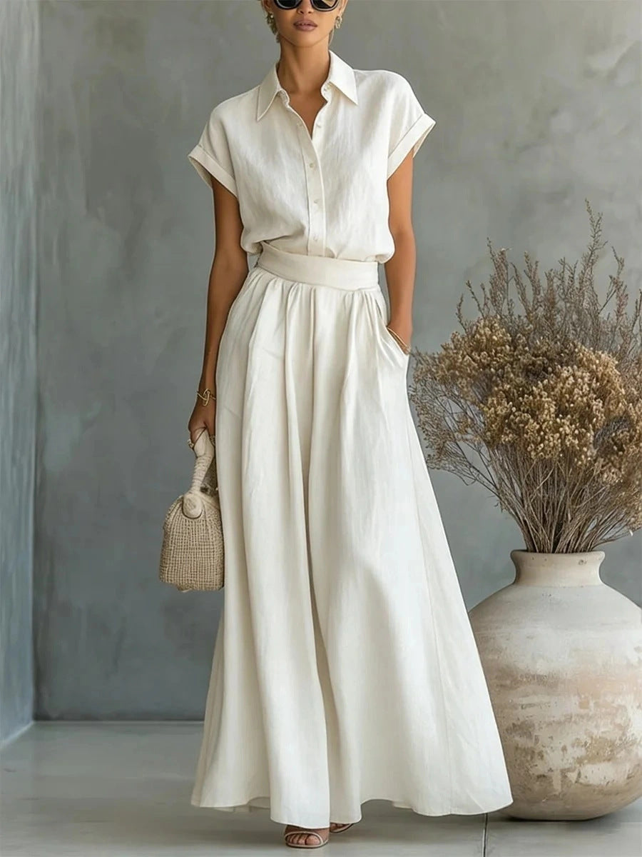 Spring And Summer Fashion Casual Solid Color Shirt Wide-Leg Pants Two-Piece Set