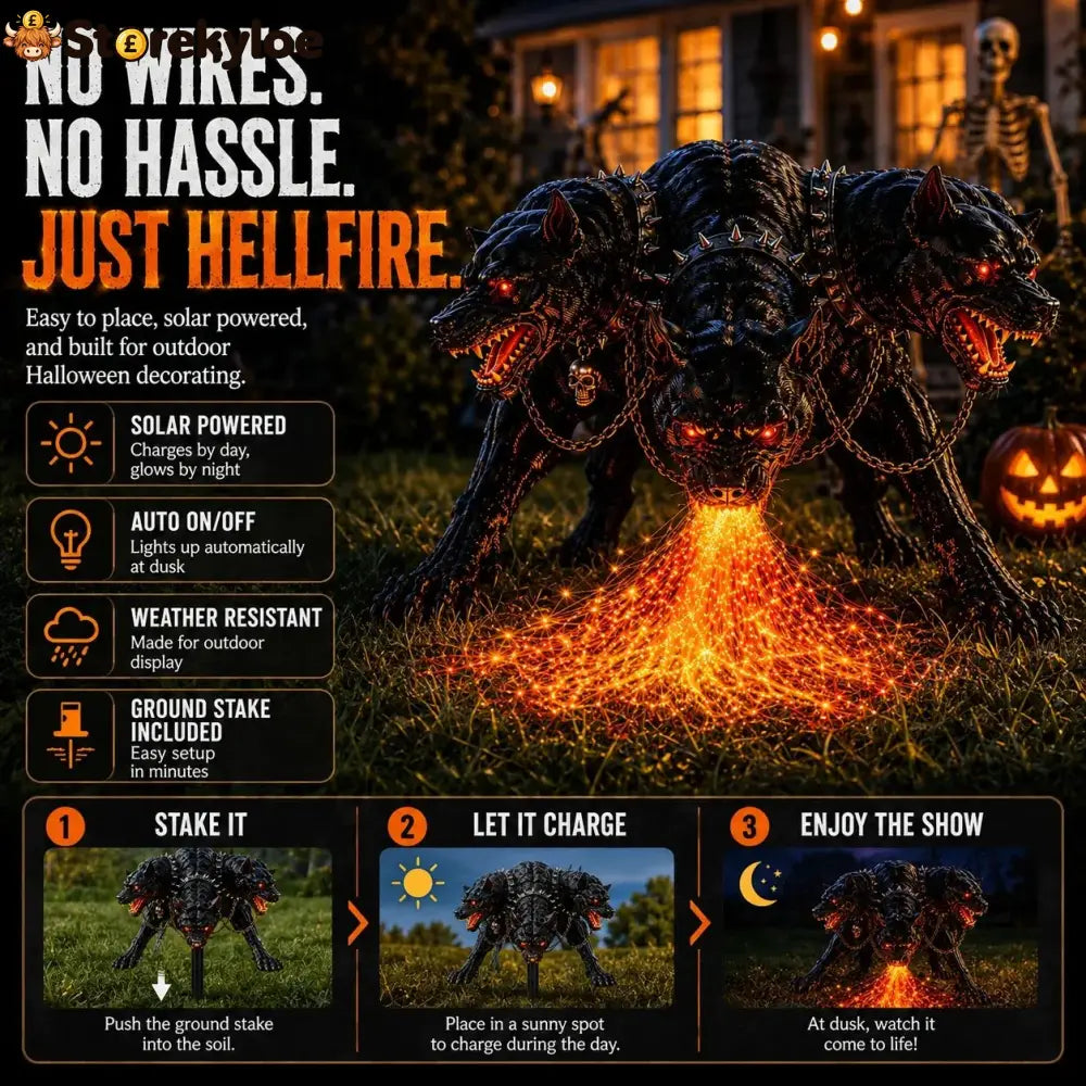 🔥 3-Headed Hellhound Halloween Light – Solar Fire-Breathing Yard Monster CUSBBY