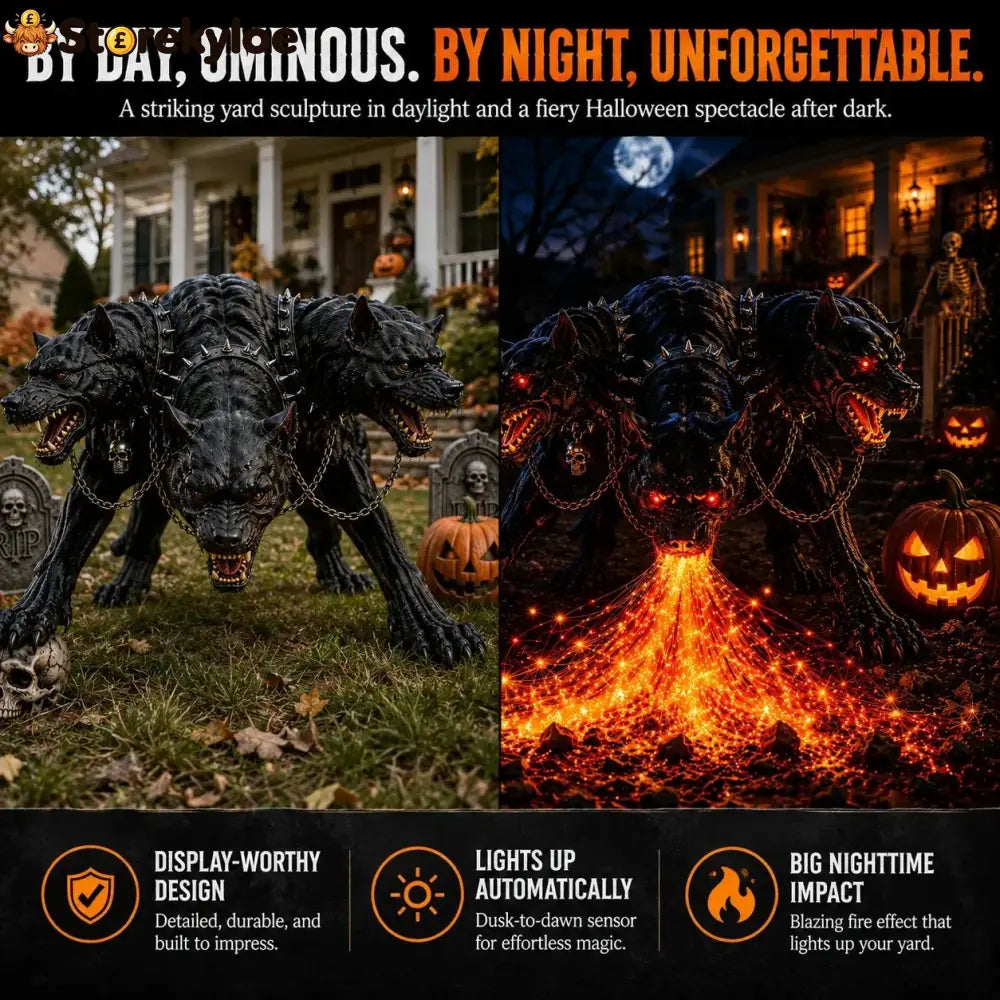 🔥 3-Headed Hellhound Halloween Light – Solar Fire-Breathing Yard Monster CUSBBY