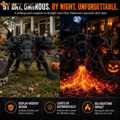 🔥 3-Headed Hellhound Halloween Light – Solar Fire-Breathing Yard Monster CUSBBY