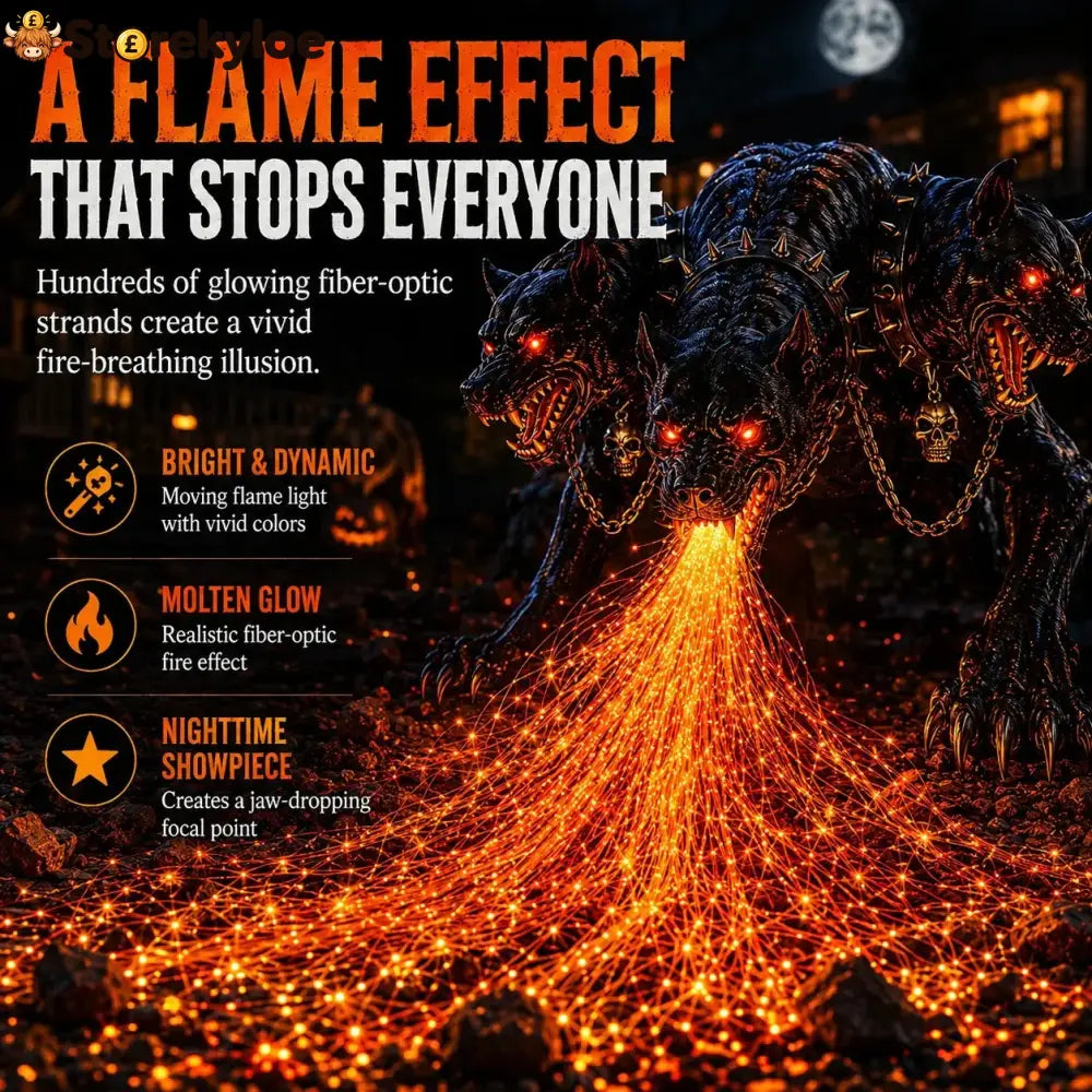 🔥 3-Headed Hellhound Halloween Light – Solar Fire-Breathing Yard Monster CUSBBY