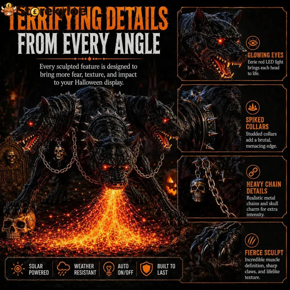 🔥 3-Headed Hellhound Halloween Light – Solar Fire-Breathing Yard Monster CUSBBY