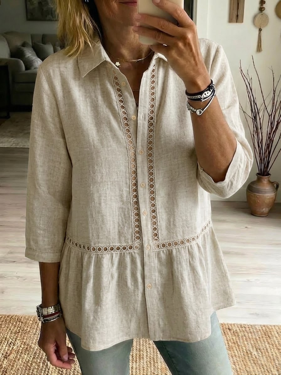 Casual Patchwork Openwork Webbing Linen And Cotton Shirt