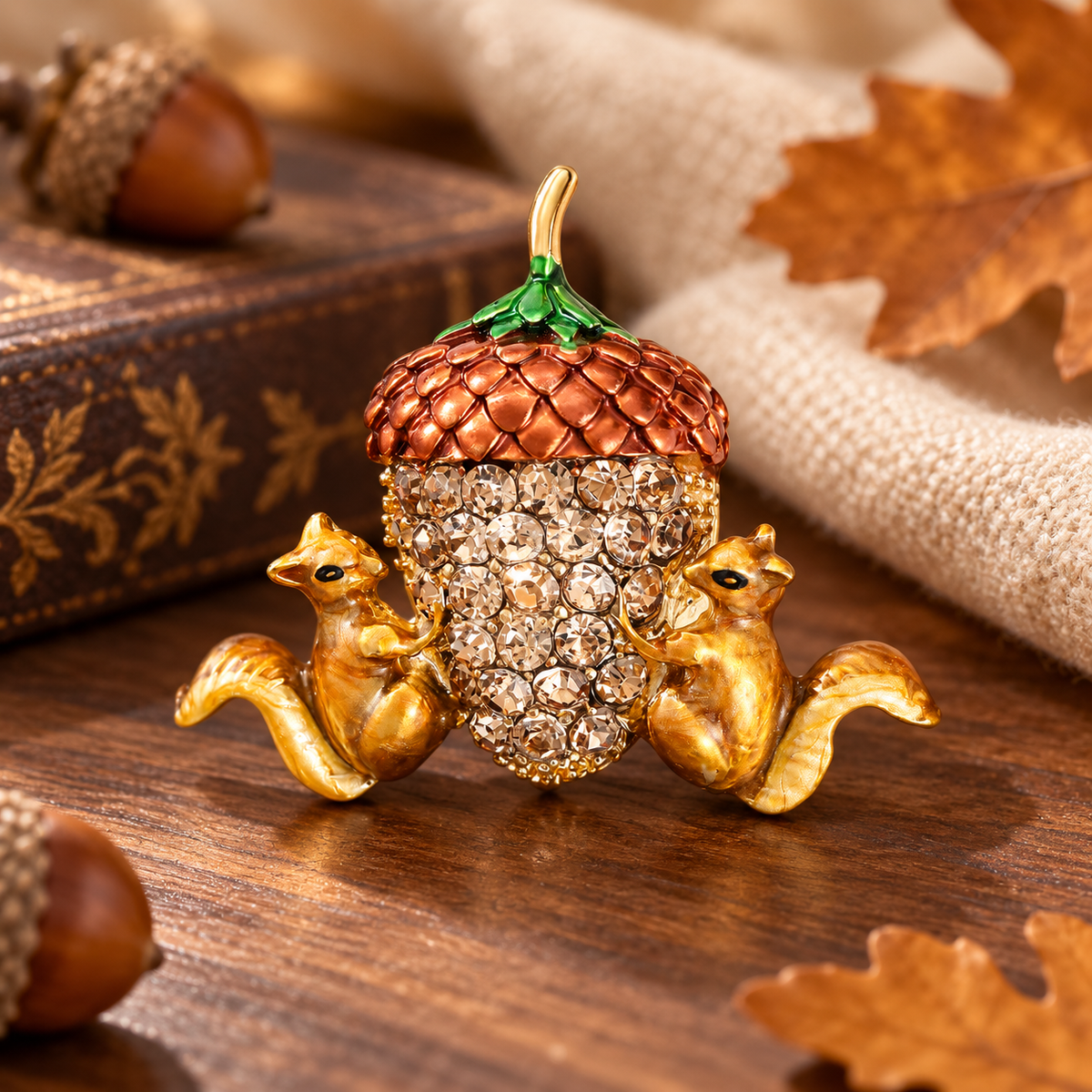 🐿️Cute Twin Squirrels & Rhinestone Acorn Brooch | Fall Season Lapel Pin