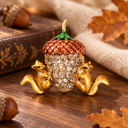 🐿️Cute Twin Squirrels & Rhinestone Acorn Brooch | Fall Season Lapel Pin