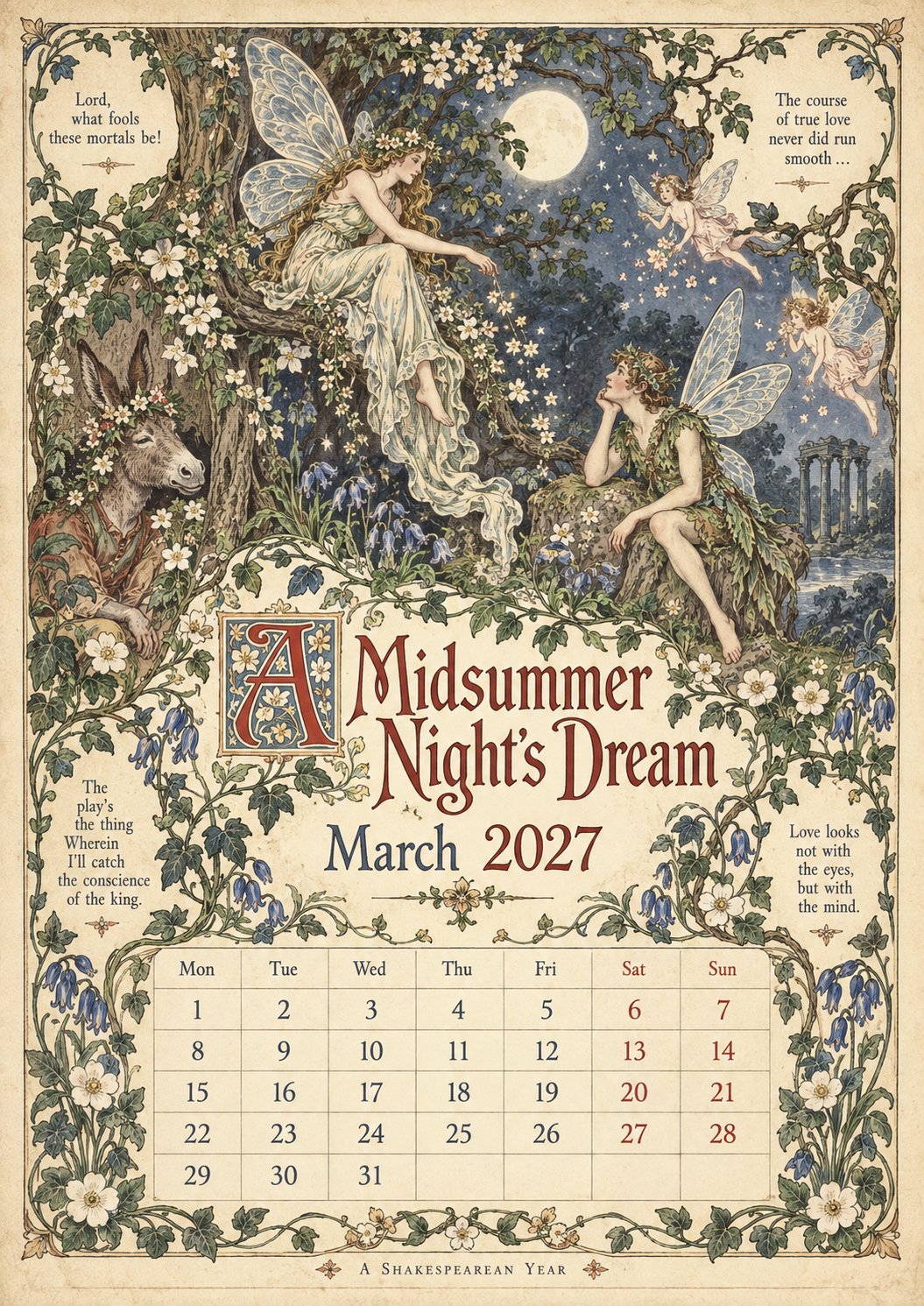 A Shakespearean Year 2027 – 12 Plays Through the Seasons | Vintage Illustrated Wall Calendar
