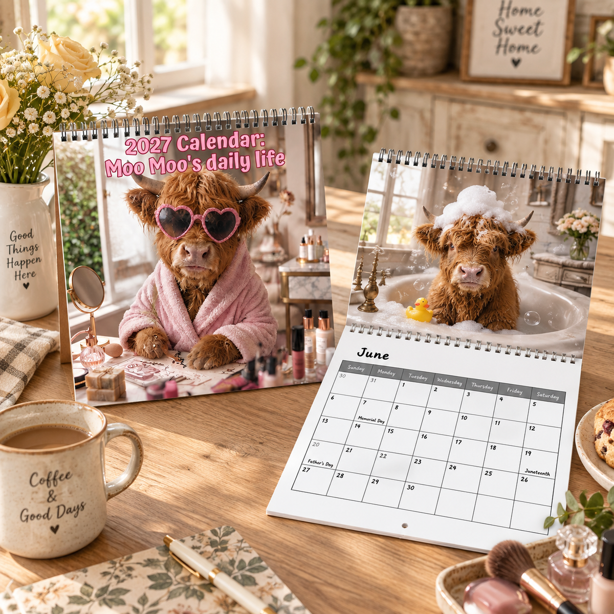 Moo Moo's Daily Life 2027 Wall Calendar – 12-Month Cute Highland Cow Calendar, Fun Cosy Daily Life Hanging Planner for Cow Lovers & Farmhouse Fans
