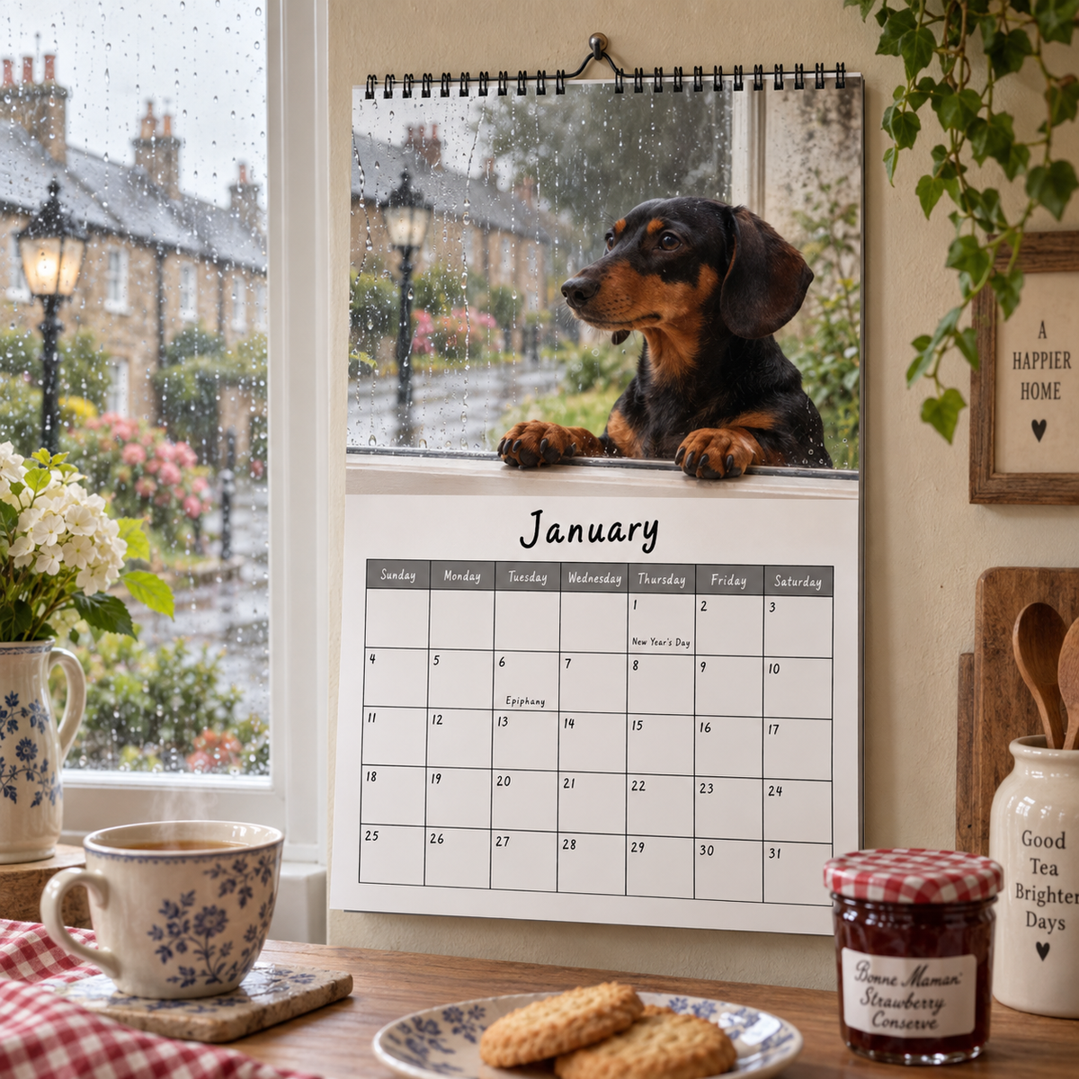Dachshunds 2027 Wall Calendar – Rainy‑Day Sausage Dog Calendar, Cosy Melancholic British Countryside Dachshund Art for Dog Lovers