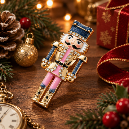 🪆Vintage Nutcracker Enamel Brooch, Classic Christmas Rhinestone Pin for Festive Gift
