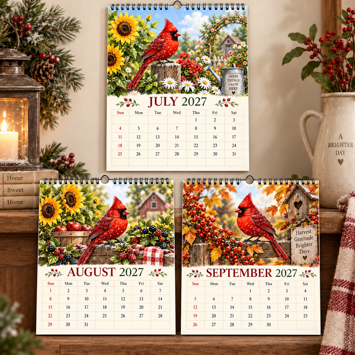 Cardinal 2027 Wall Calendar – 12‑Month Seasonal Art Calendar with Red Cardinals, Countryside Florals & Rustic Farmhouse Charm