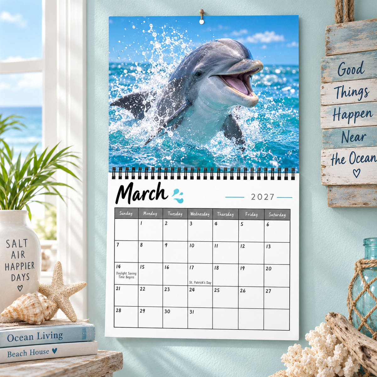 Happy Dolphins 2027 Wall Calendar, Coastal Ocean Marine Life Wall Planner, Bright Sea‑Breeze Home Decor Gift For Ocean & Dolphin Enthusiasts