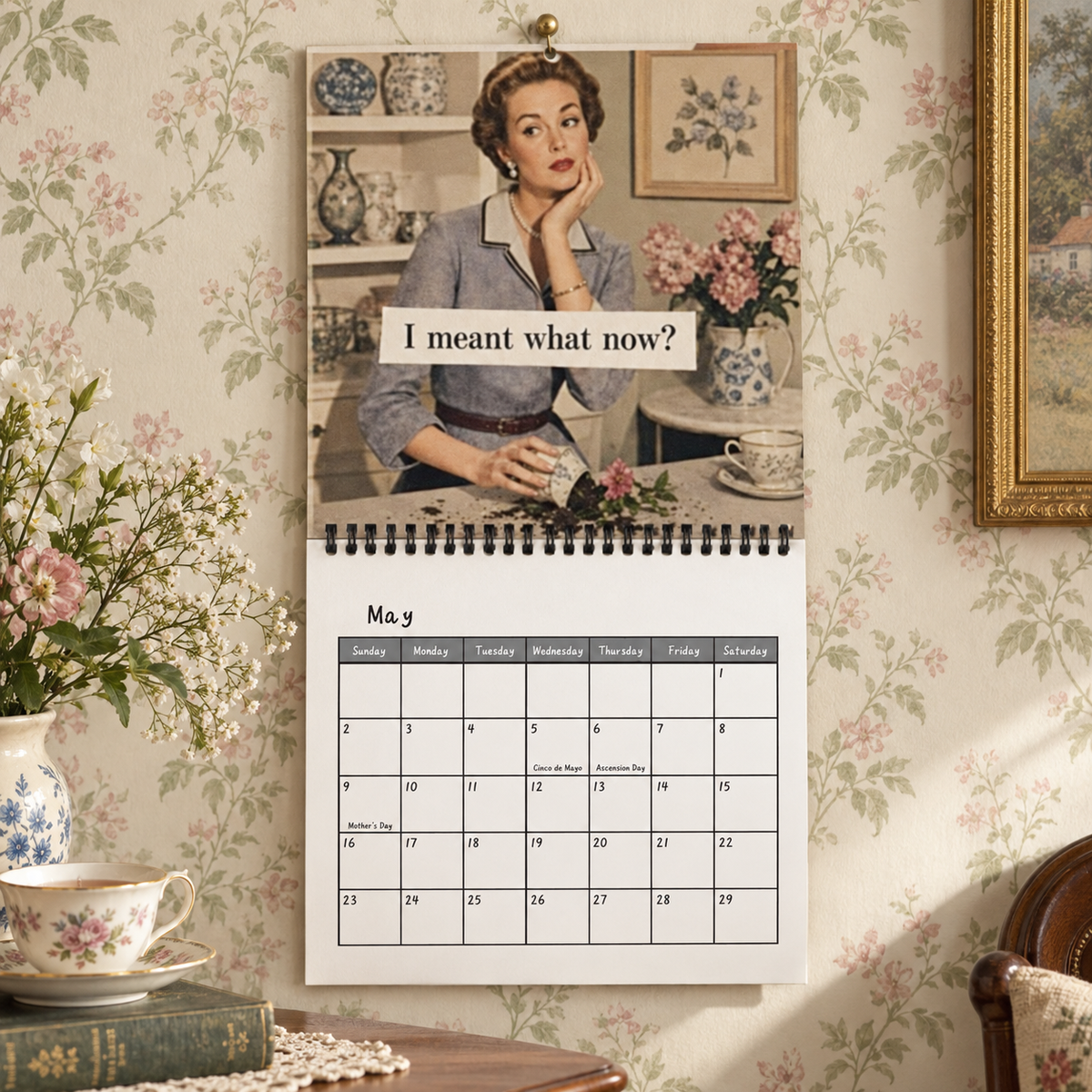 Vintage Sarcasm 2027 Wall Calendar – 12-Month Retro British Humor Calendar, Vintage Tea Party Sarcastic Quotes Hanging Planner for Retro & British Style Lovers