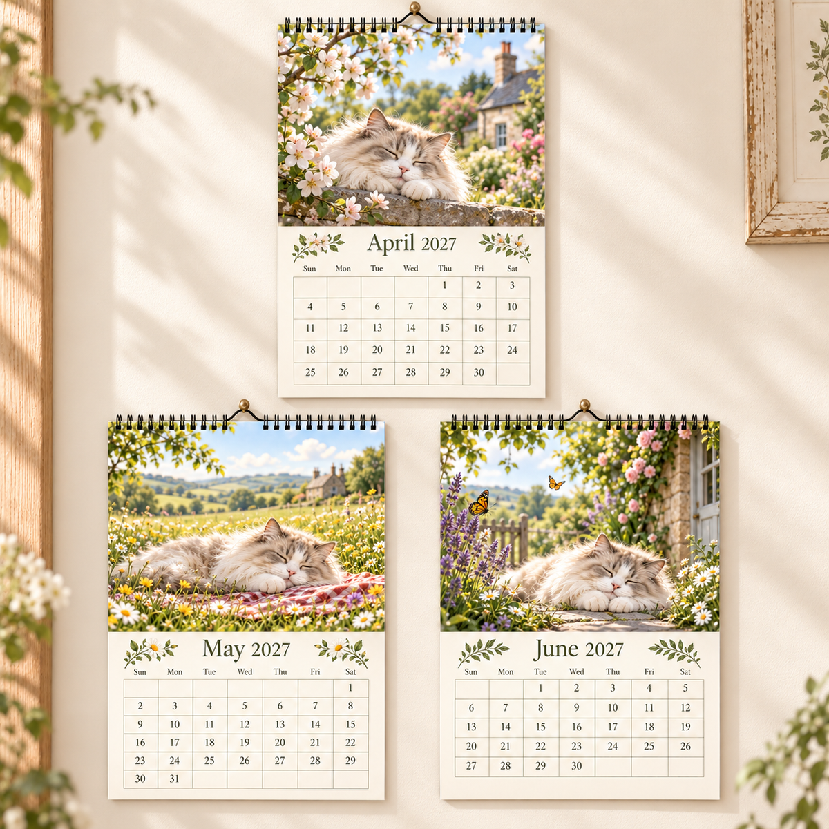 Cottage Cat 2027 Wall Calendar – 12‑Month Cosy Art Calendar with Sleepy Fluffy Cats, Country Gardens & Idyllic Cottage Charm