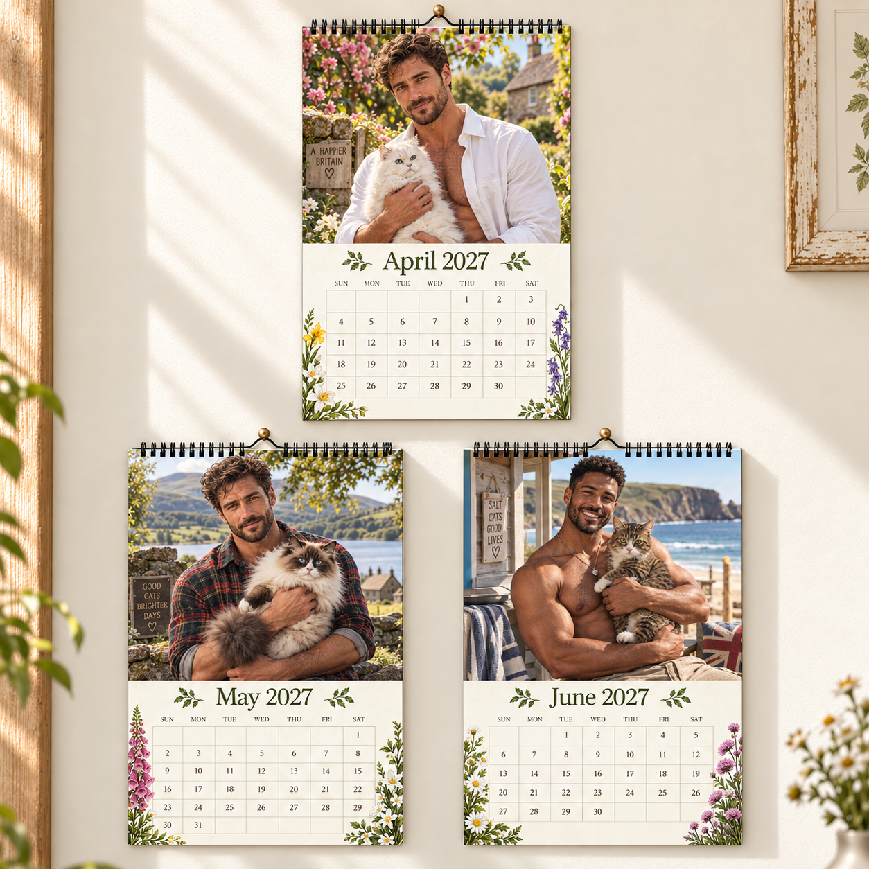 Because You Love Cats & Hot Guys 2027 Wall Calendar｜Fun British‑Style Novelty Wall Decor